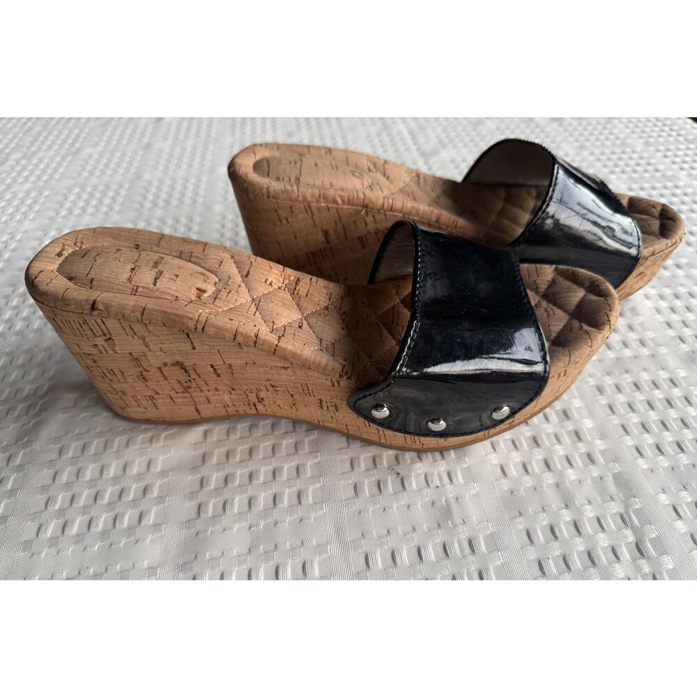 Me Too Cork Wedge Sandals women Black Patent Leather Size 6 Retro Y2K Style